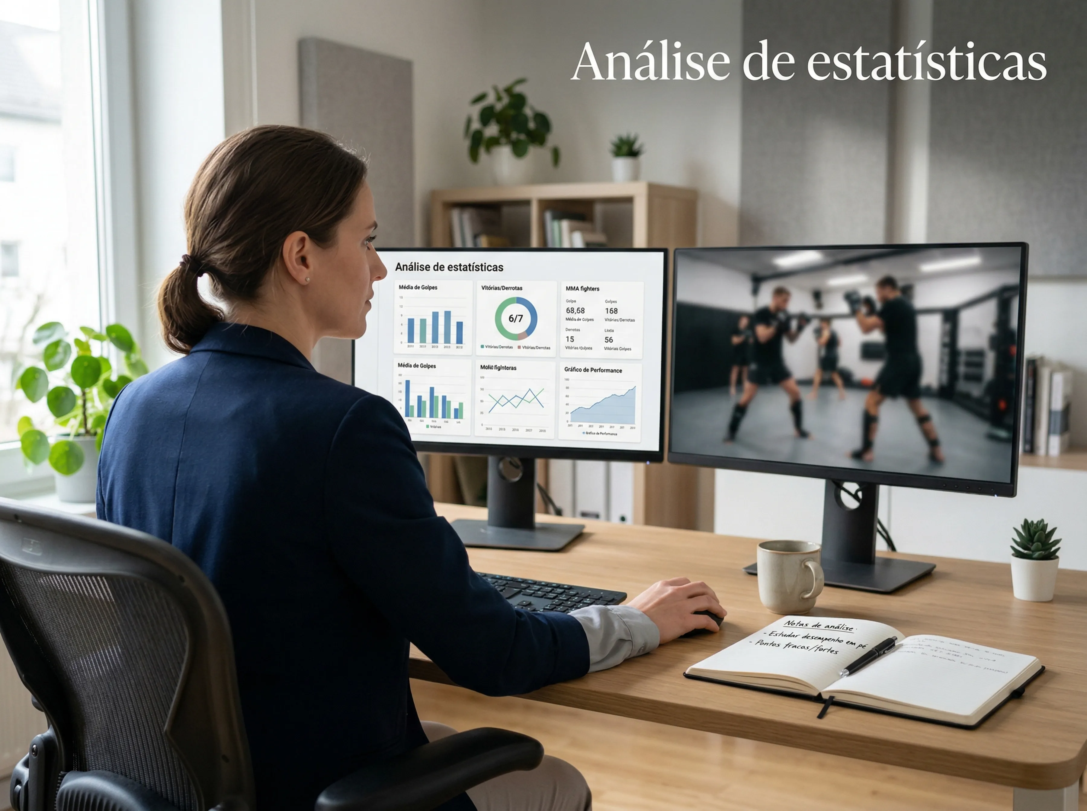 Analista a estudar estatísticas de lutadores UFC num monitor com dados de striking e grappling