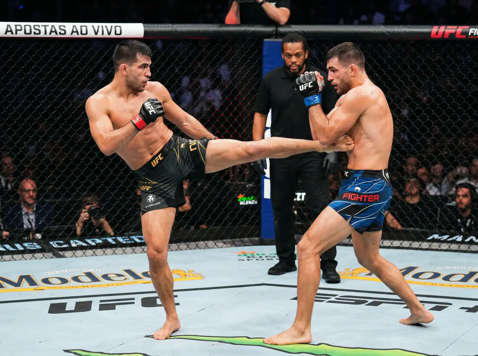 Octógono UFC durante evento ao vivo com lutadores em combate