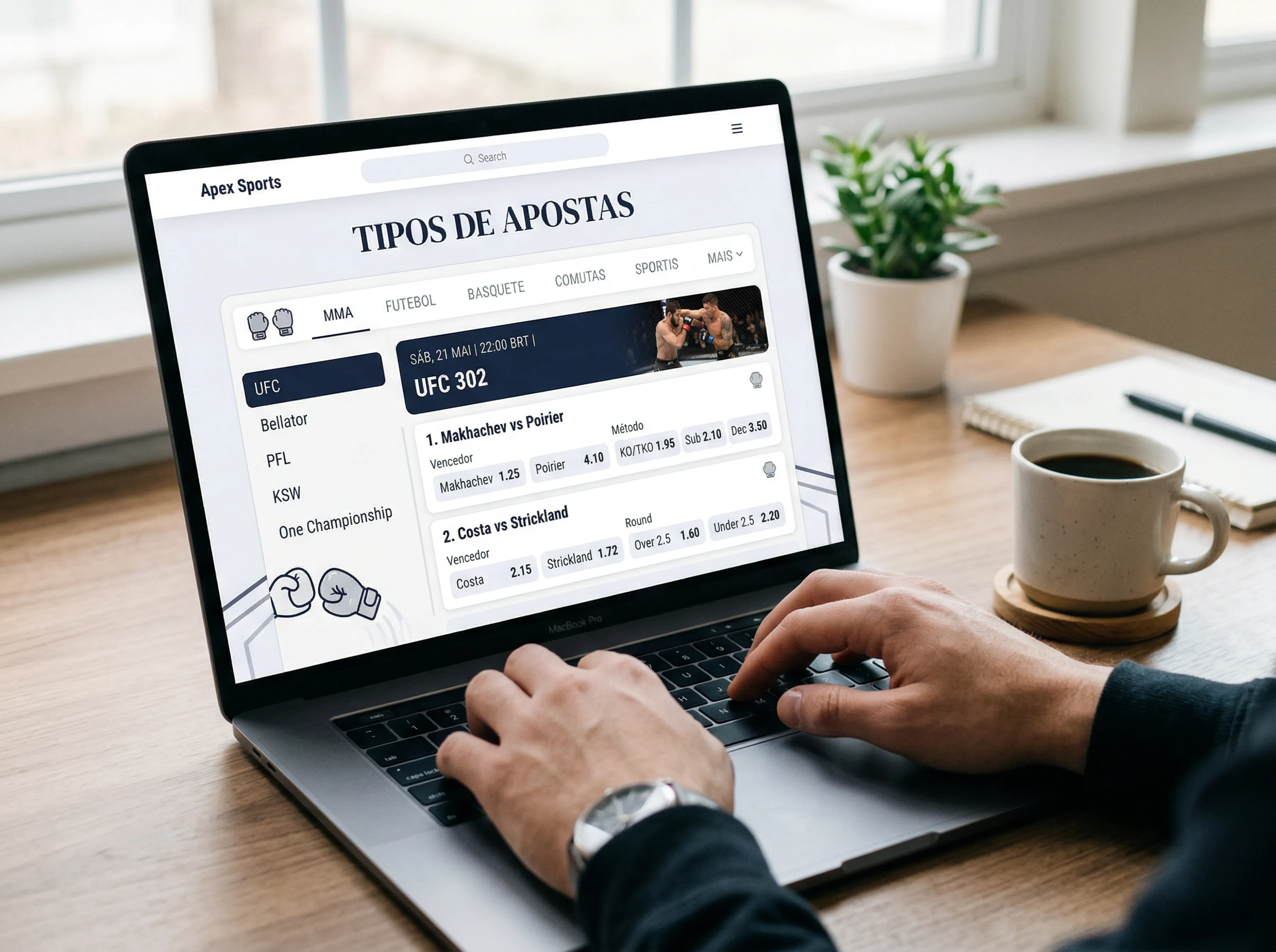 Ecrã de plataforma de apostas mostrando diferentes mercados UFC disponíveis